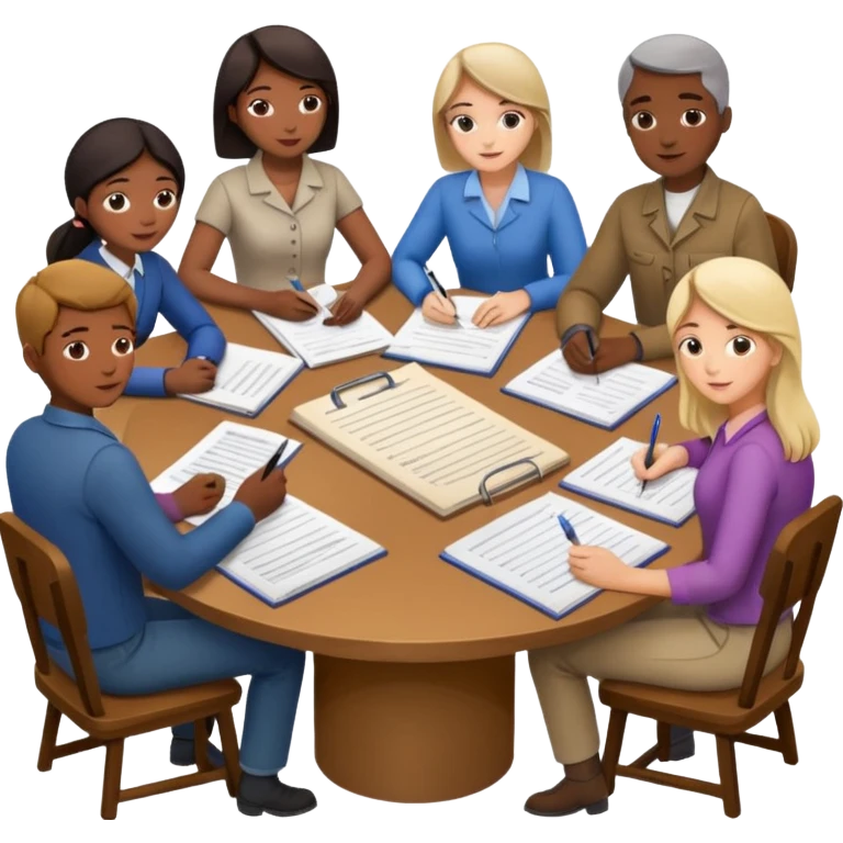 People sitting around a table with farm documents emoji