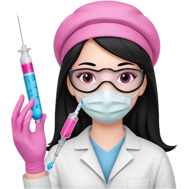 laboratorista con guantes rosa y mascarilla rosa  jeringa tubo laboratorio sin lentes  y  ojos negros cabello largo negro ojos negros emoji