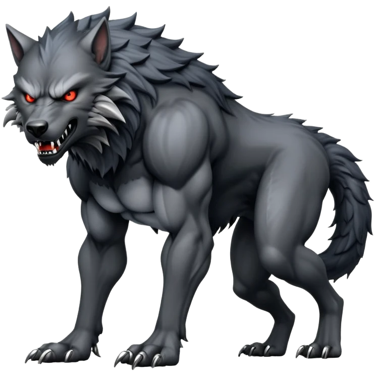 cinematic-noble-fierce-werewolf-full body on all fours-emoji, poised-and-imposing, with a tall, lean, and muscular wolfish frame inspired by the brutal, imposing shape of the beast from Berserk, fur rippling in shades of midnight black and silver, massive paws with razor-sharp claws, elongated limbs and fangs, eyes glowing with an intense, primal ferocity, reflecting the untamed power of the wild moonlit night; rendered with realism like a wolf emoji