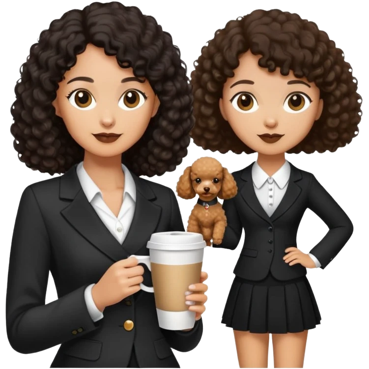 Black partial curly hair, V-neck suit,Holding a coffee-coloured poodle in a small skirt emoji