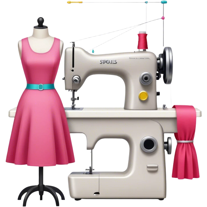 Sewing icon, sewing machine with thread, visible needle, spools of thread, fabric pieces cut according to patterns, measuring tape, pins, scissors, and dresses on mannequins, minimalistic style, clean lines, transparent background. emoji