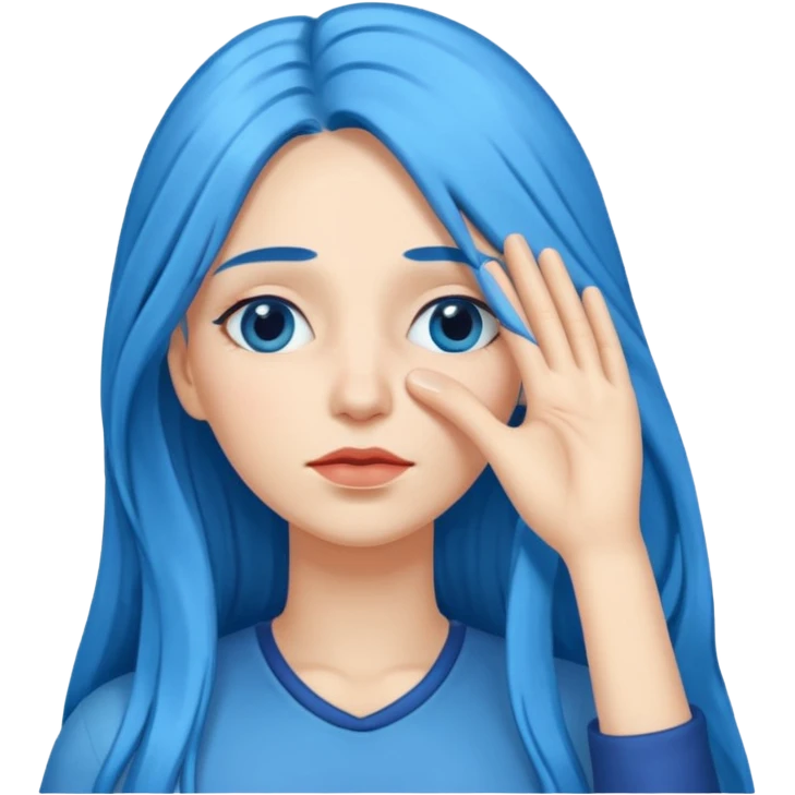 Woman with hand over eyes with long blue hair emoji