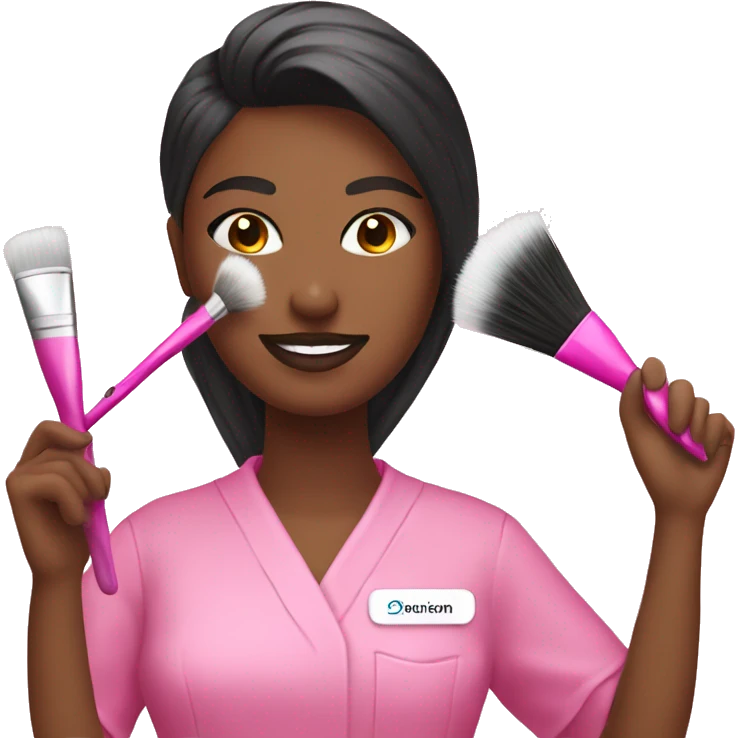 Esthetician wearing pink holding a fan brush emoji