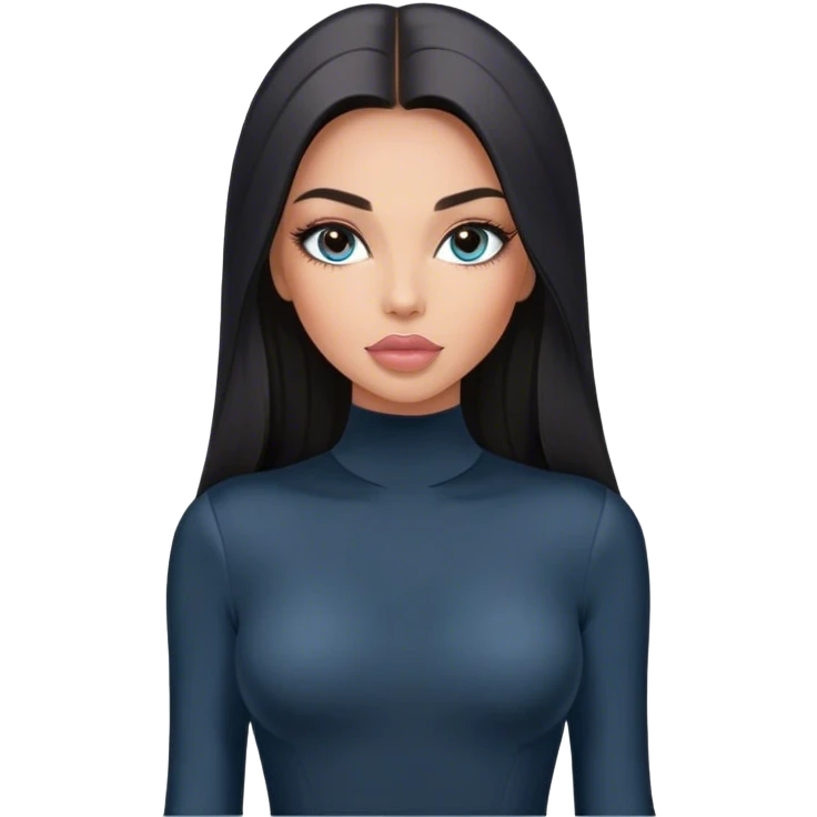 Glamours, tanned, very beautiful girl, with big pump peach-beige-rose lips, long long lashes, black straight smooth silky long hair, straight parting hair, blue-grey eyes in black long-sleeves bodysuit emoji
