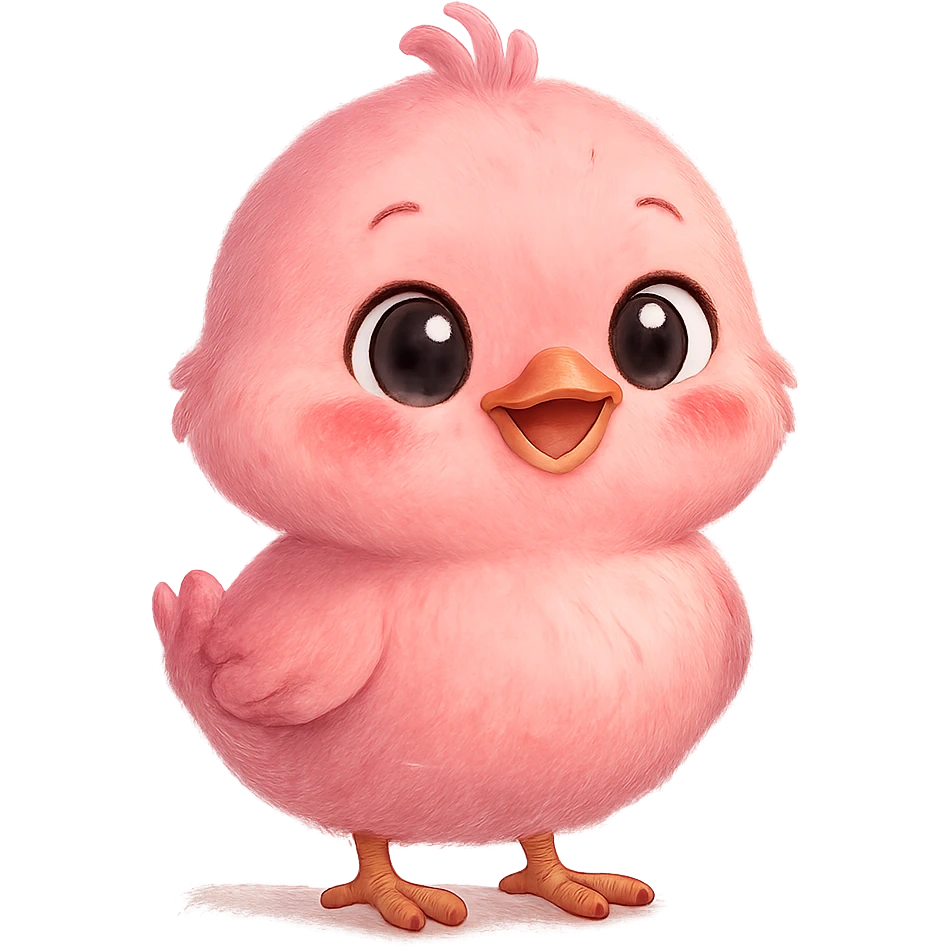 a cute pink chick, original design, big eyes, blushing cheeks, joyful emoji