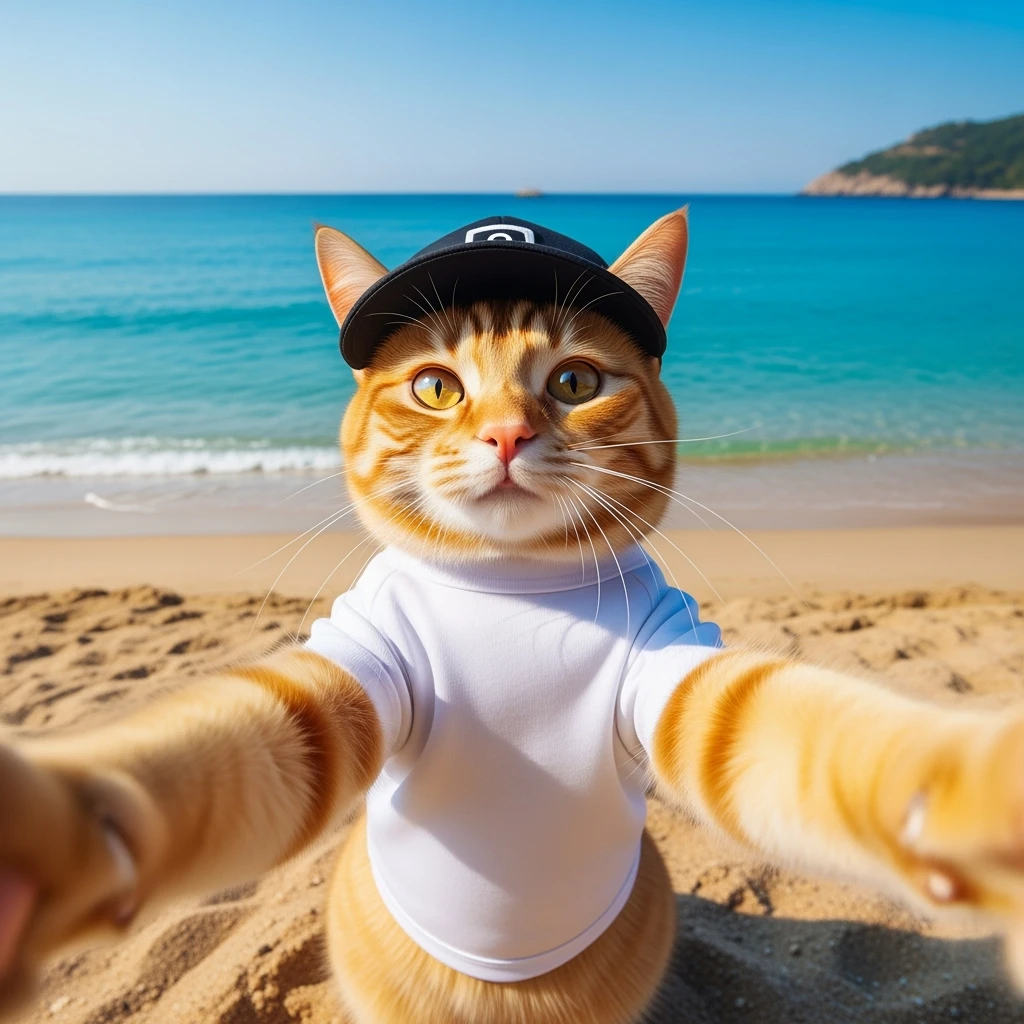 Orange tabby cat in a t-shirt and cap taking selfies against the background of beach and blue sea, shot with an 85 mm f/11 lens, ISO 100, 8K RAW, no blur emoji