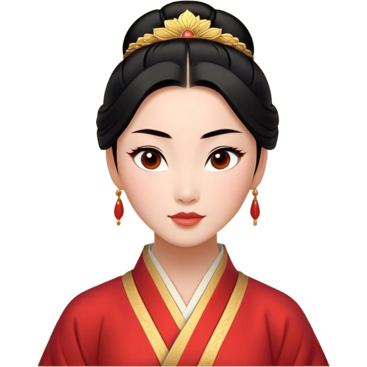 Cinematic Elegant Mulan Portrait Emoji, rendered in a realistic, vector-style with minimal shading and bold, simplified shapes. Depict Mulan (chest and above) with warm, light-toned skin, almond-shaped eyes, and sleek black hair styled in a traditional bun. She wears a modest, traditional robe with subtle red and gold accents, glowing with a soft, refined radiance and high shine, capturing timeless beauty and inner strength. emoji