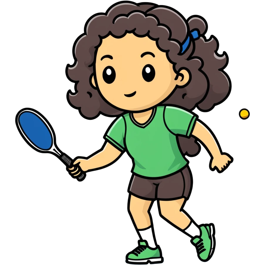 Pickleball female player with long dark curly hair emoji