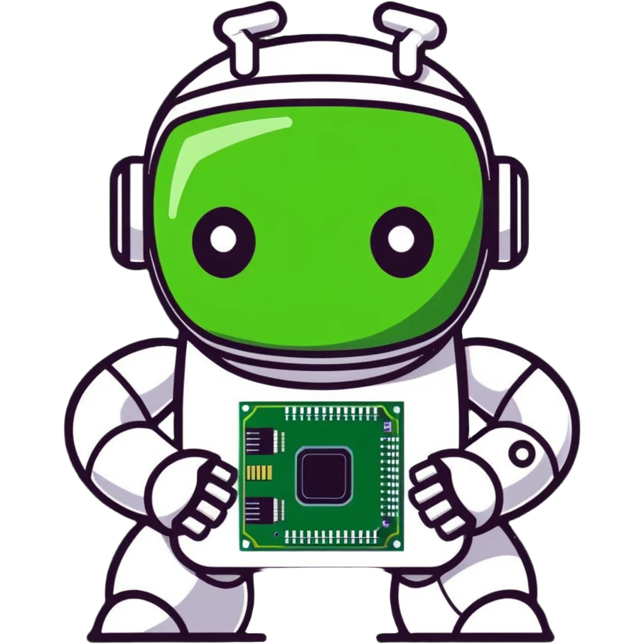 Robot holding an AI processor chip with digital circuits emoji