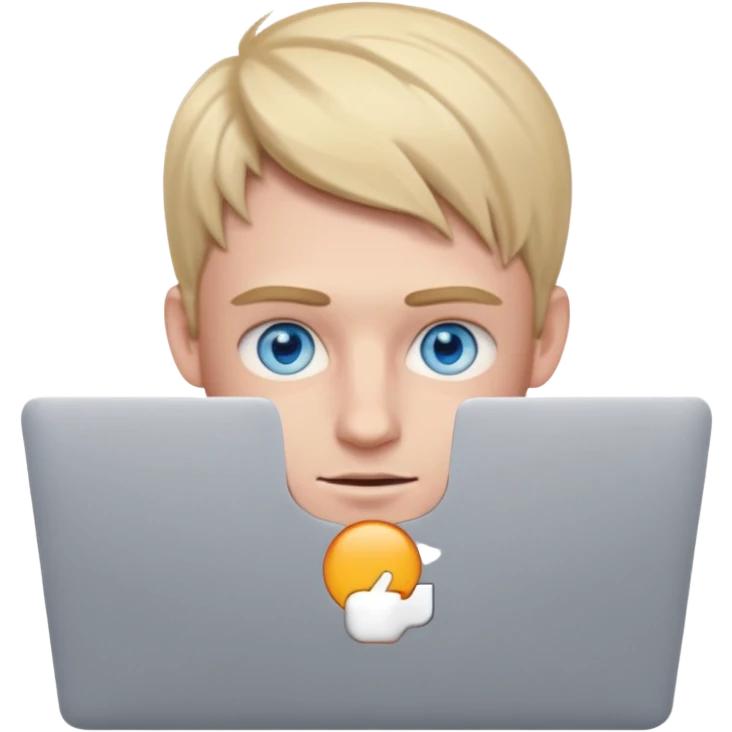 young European male with blue eyes, focused on a MacBook emoji emoji