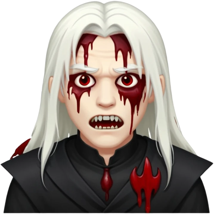 Creat a young man Vampire that have long white hair and white skin and full black eyes and bloody mouth and full black outfit and long fangs and scary eyes emoji