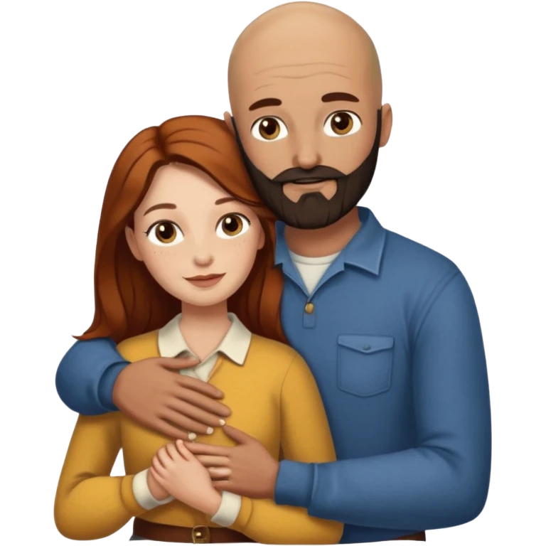 Couple. Bald man with dark brown-black beard. White woman with many small, faded freckles, she has white skin and she has auburn-yellow-brown-cinnamon, dark long hair. She has light brown eyes. The man have hazel eyes. Retro style. They hug. emoji
