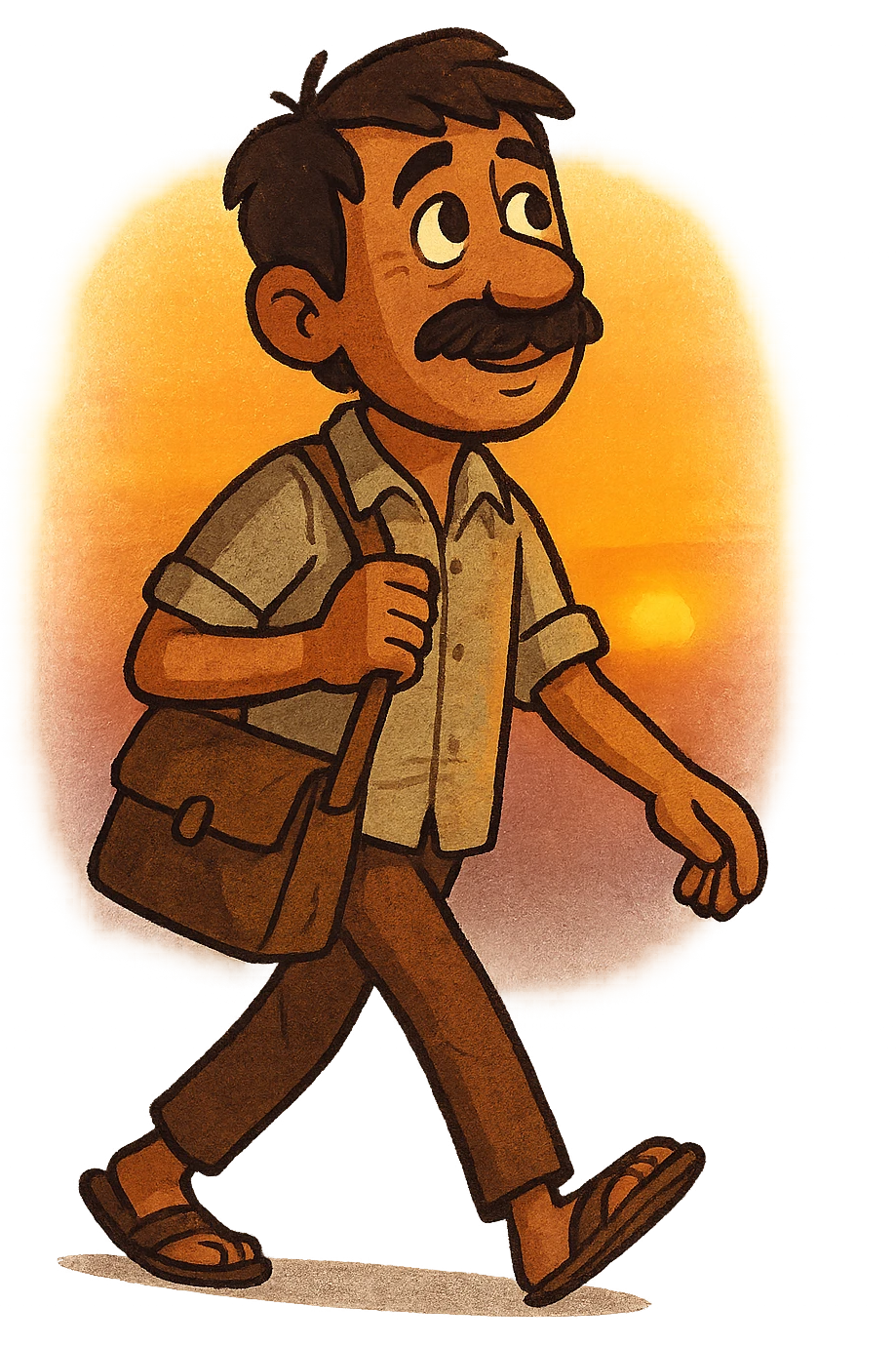 stylized cartoon of a poor Indian father with mustache, faded shirt, walking to work at dawn, carrying a bag, hopeful expression emoji