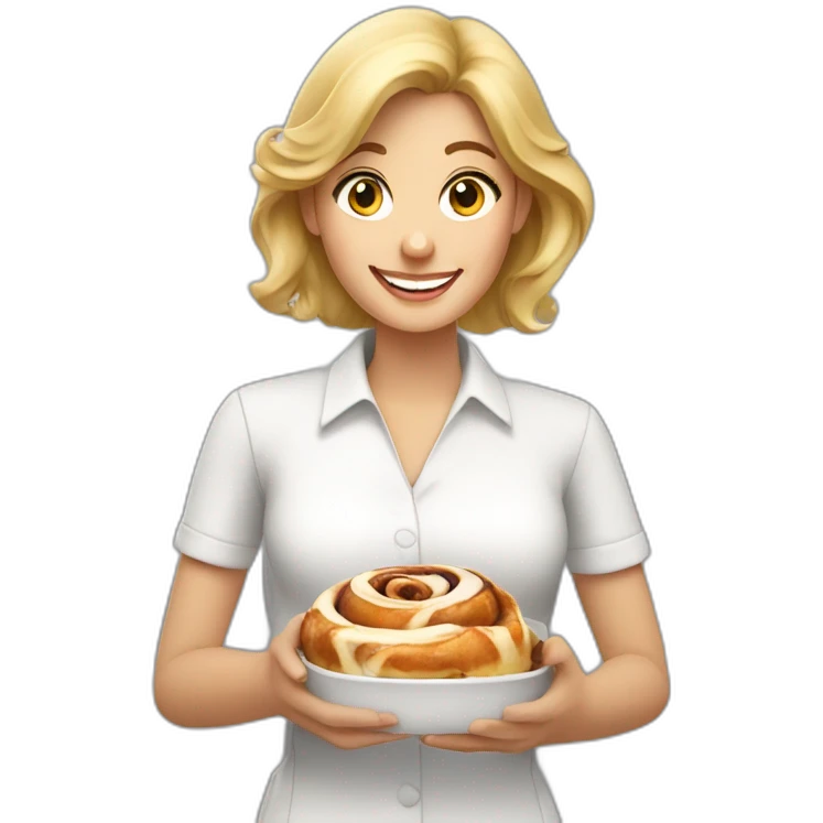 happy blonde woman holding cinnamon roll emoji