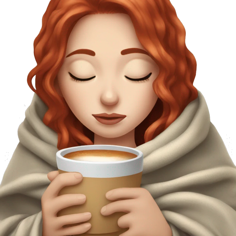 white girl red hair inside a blanket sipping coffee eyes closed emoji