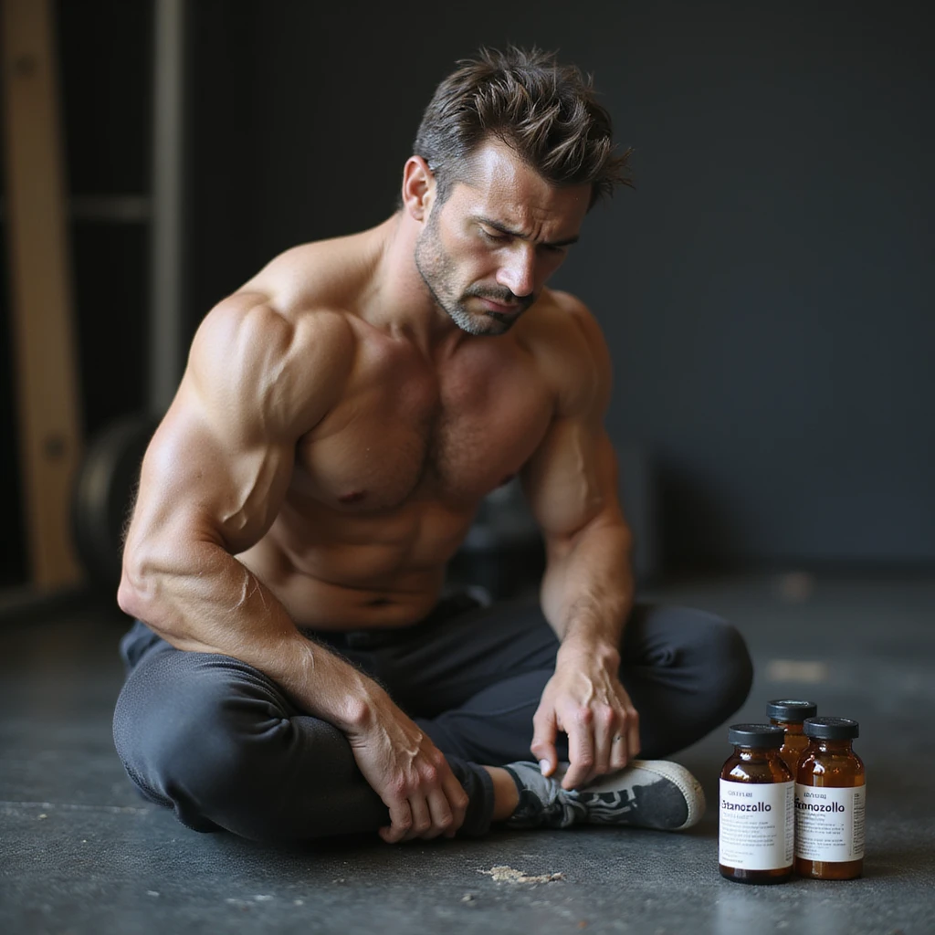 photo realistic crossfit athlete sitting on the ground with suffering expression, hands on joints, tense muscles, vials labeled 'Stanozololo' nearby, natural light, gym background emoji
