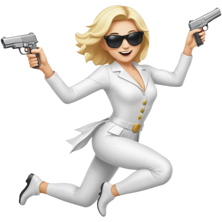 Mafia blondes woman Jumping for joy , in sunglasses, gun ,money , white costume  emoji