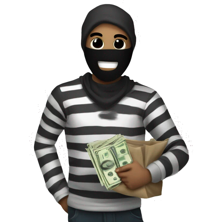 This is a drawing of a cartoon robber wearing a black mask and striped shirt. They are holding a bag of money.  The drawing is simple but effective, and the robber's expression is both mischievous and comical.   emoji