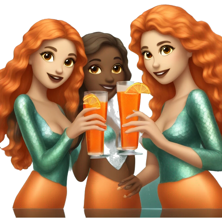 Three beautiful mermaids (light skin) drinking aperol emoji