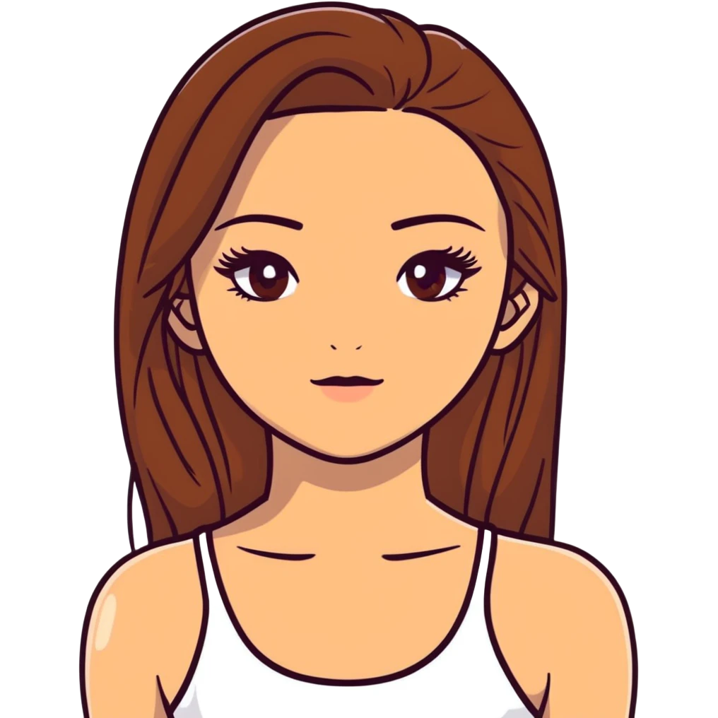 beautiful girl, long straight brown hair, brown eyes with lashes, wearing a white crop top, tan skin emoji