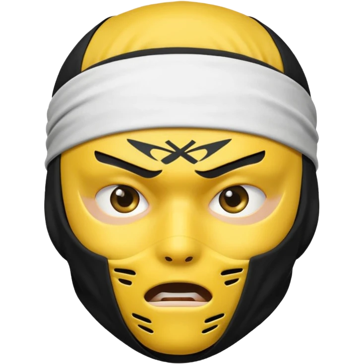 ninja face emoji with black ninja mask covering lower face, no skin color, standard emoji yellow, white headband, intense expression emoji