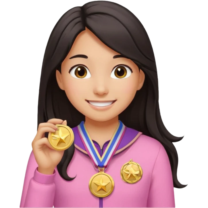black haired girl wearing pastel pink with one medal, remove any hats, make her smile, make her hair longer, make her tan emoji
