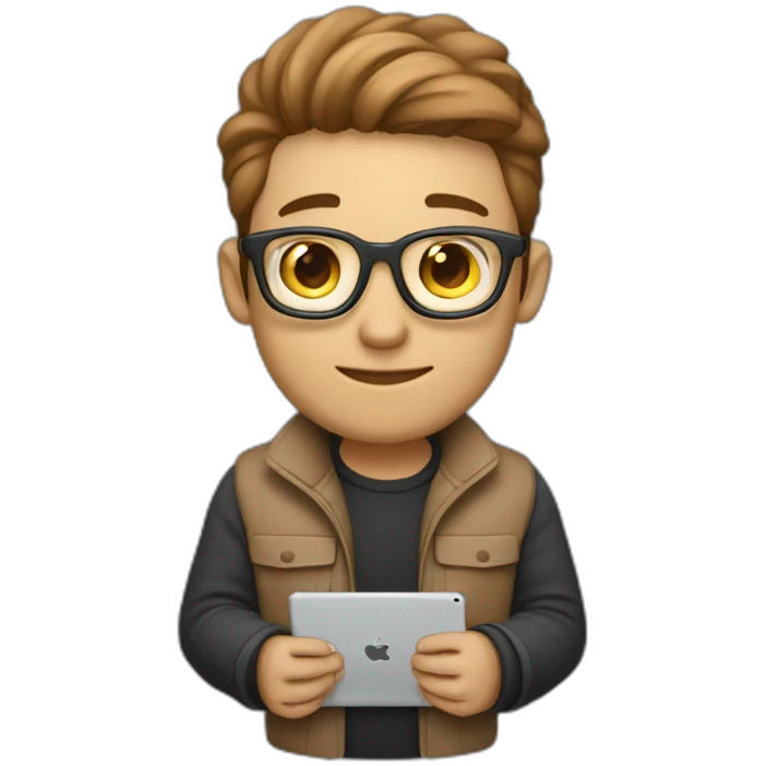 a smart light brown web developer wearing airpods and holding ipad emoji