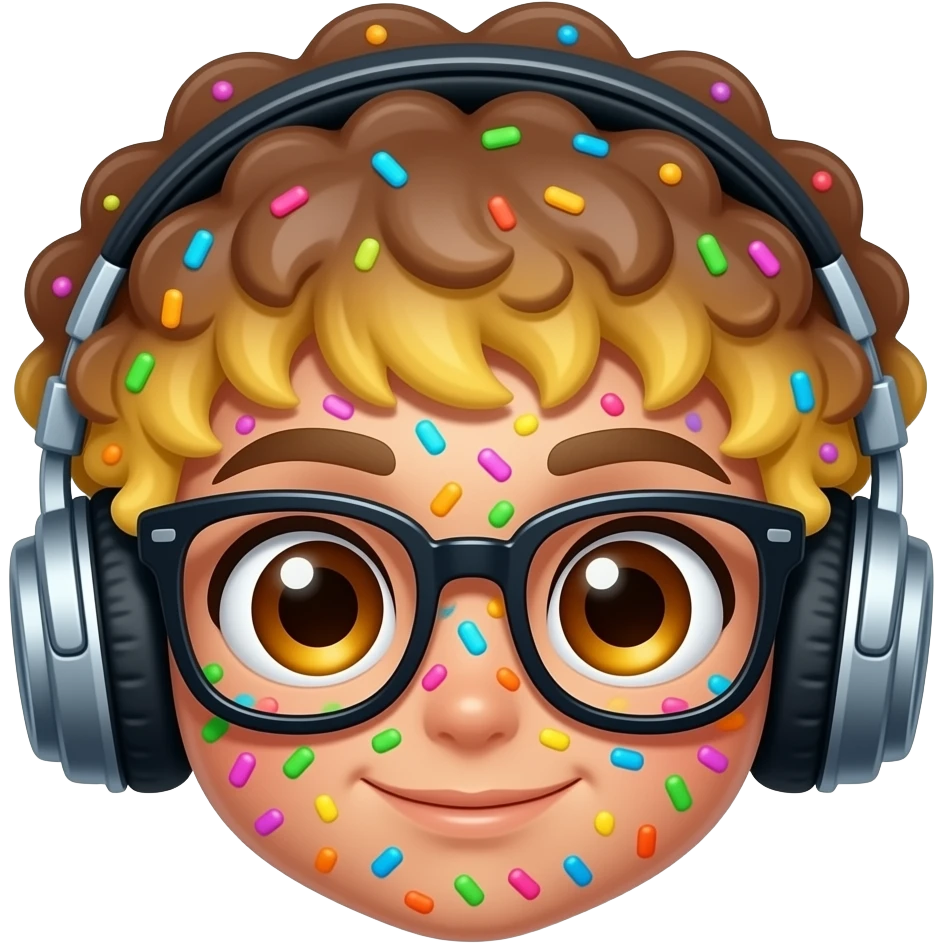 Chibi anime-style emoji with tan skin and curly brown hair featuring bright blonde tips. Wearing stylish glasses and large over-ear headphones. Face is covered in colorful sprinkles like confetti. Big expressive eyes, cute aesthetic, vibrant colors, isolated on a plain background emoji