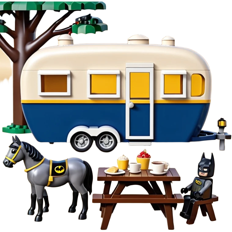  Ultra cute  Lego detailed 1854 Batman and pretty Catwoman dream horse drawn Caravan with picnic table and folding chairs alone at romantic afternoon (hot chocolate and cheeseburgers on the grill) emoji