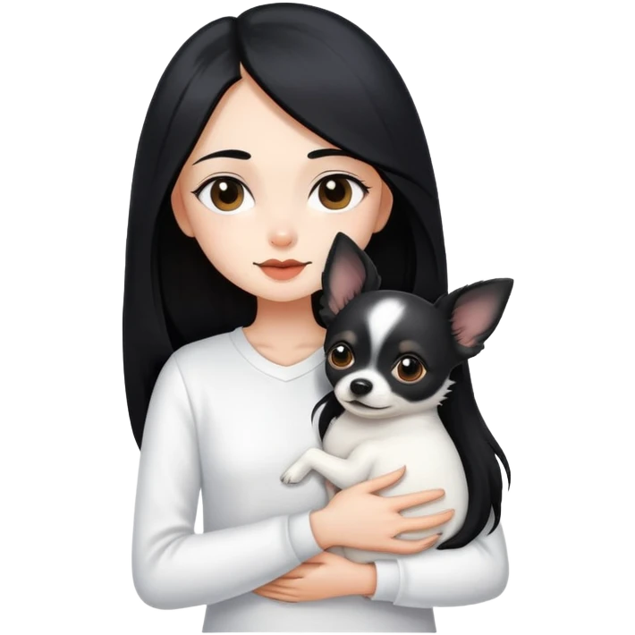 Fair skin girl - long black hair - white clothes - hugging a black chihuahua emoji