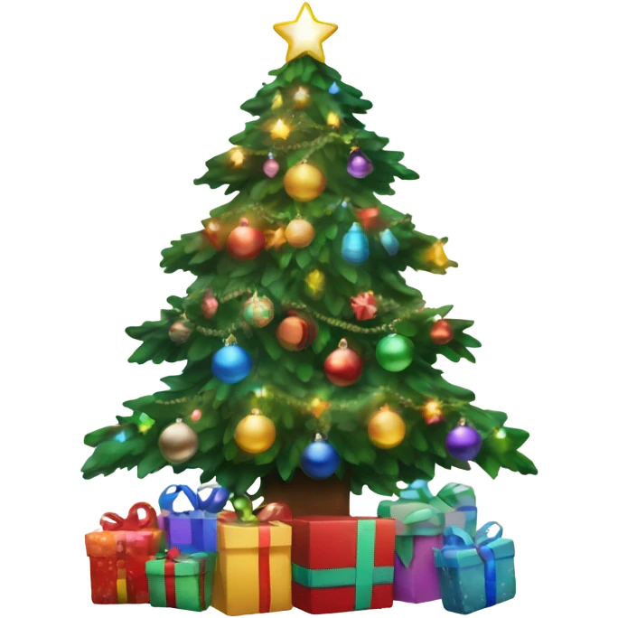 Christmas Tree with bright multicolored lights, ornaments, and presents underneath emoji
