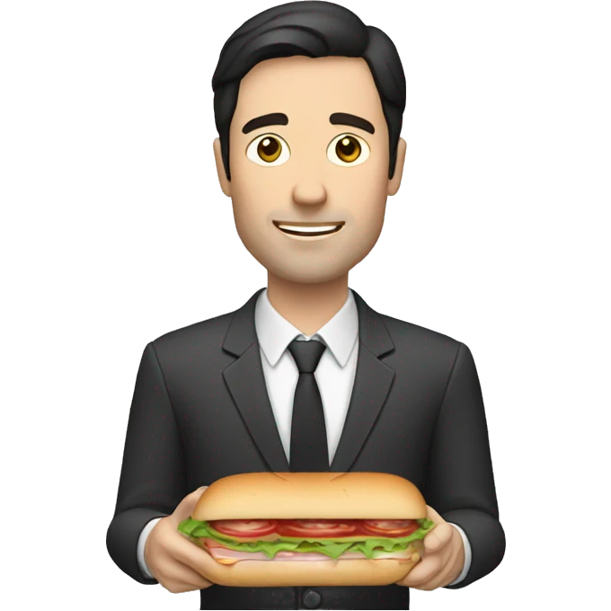 A white man with dark hair holding a long small sandwich emoji