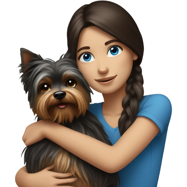 Realistic brunette girl with bright blue eyes hugging Yorkshire terrier  emoji