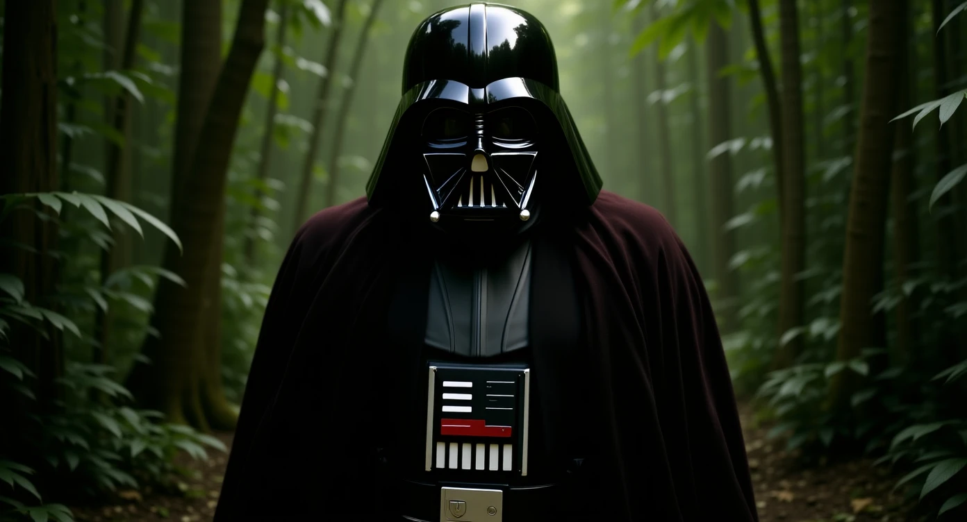 cinematic still, documentary photography, amazon jungle, well lit scene, Darth Vader is exploring the jungle, close up, front shot, rule of thirds emoji