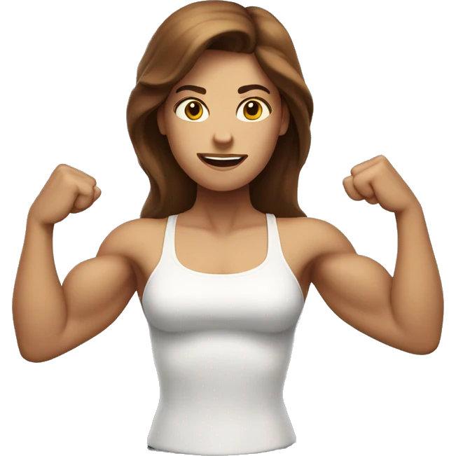 White lady with long brown hair flexing her muscles  emoji