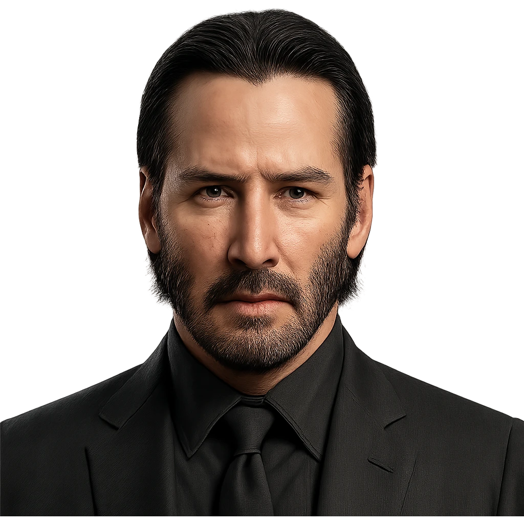 John Wick head, slicked-back hair, stubble, serious look, minimal background, realistic details emoji