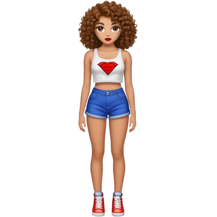 Full body teenage girl with curly brown hair, heavy makeup, big lips, crop top and choni style clothing emoji