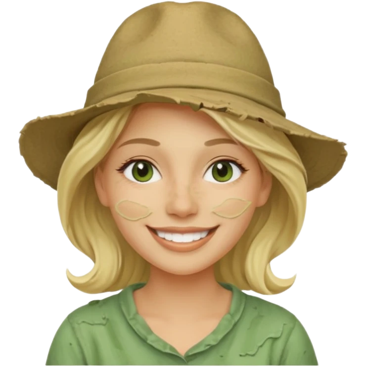 messy green clay mask and tourist hat blond woman  smiling and clay mask on full face emoji