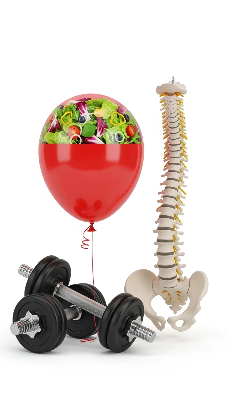 palloncino rosso con all'interno insalata, manubri da palestra e una spina dorsale anatomica realistica in 3d, isolato su sfondo bianco emoji