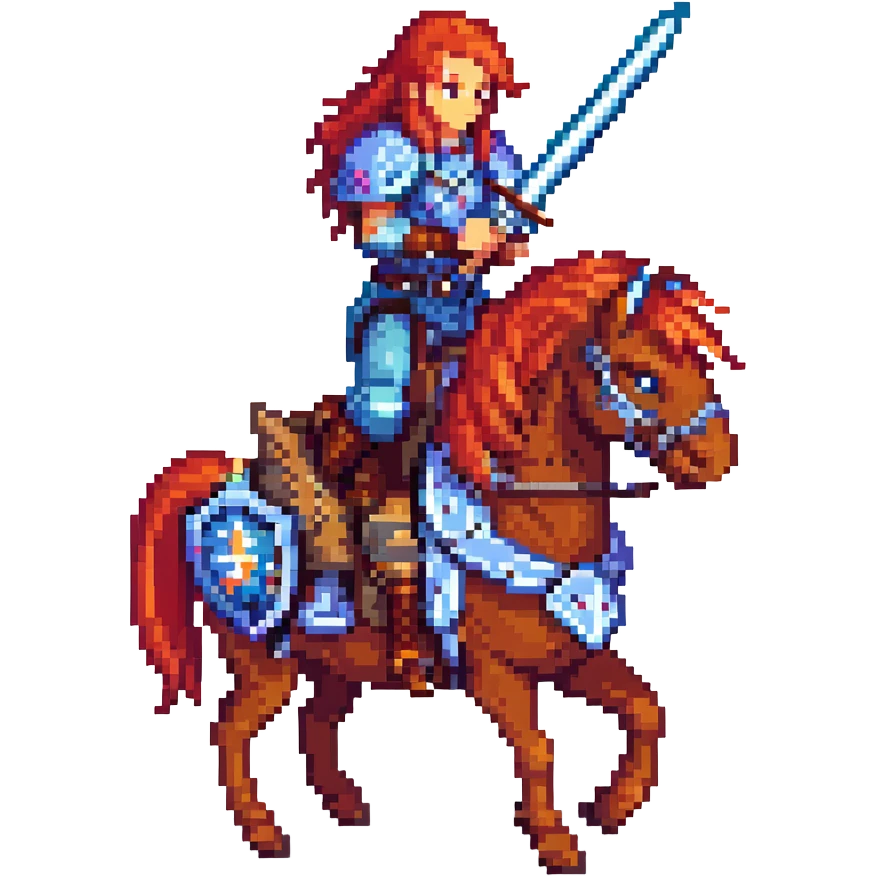 Starscourge Radahn, pixel art style, red mane, heavy armor, two giant swords, riding a tiny horse, retro video game look emoji