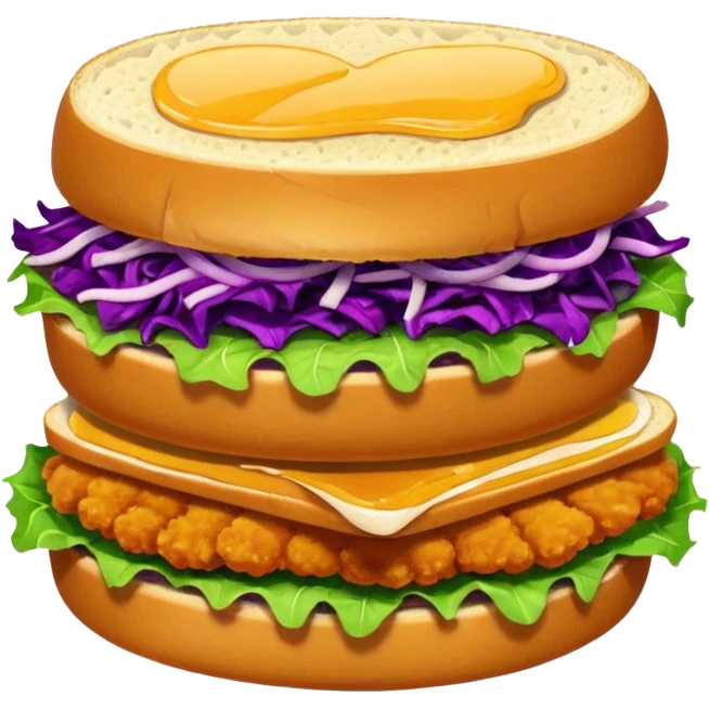 Spicy stacked chicken sandwich — two thick golden toast slices, a crispy breaded chicken fillet, green lettuce, and purple cabbage slaw, with glossy dark sauce dripping down the sides. emoji