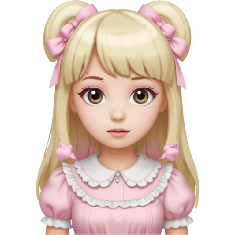 pale girl , who has straight hair medium length blonde and baby pink swirled hair with bangs , grey eyes , and doll like makeup , in a light pink lolita hime gyaru dress emoji | AI Emoji Generator emoji