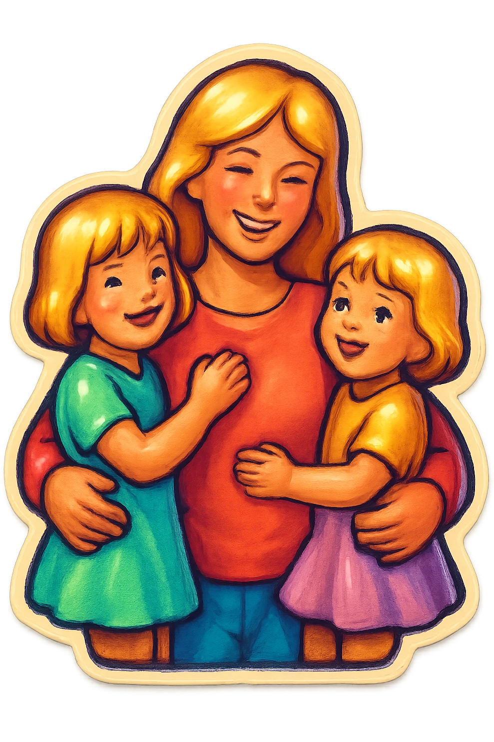 mom with long light hair holding two little girls with short light hair, all in pastel outfits, cute retro stickers style, soft shadows, multiple variations emoji