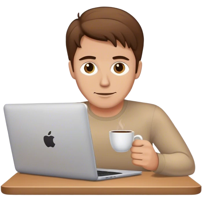 a white man with brown hair with a laptop and a cup of coffee emoji