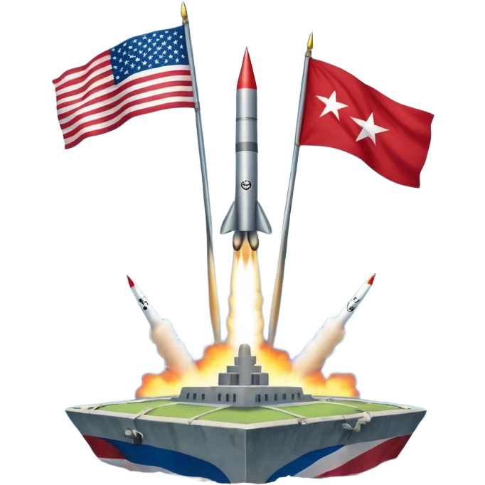 Cuba during the Cold War with Cuban island in the center, US and USSR flags on either side, missiles, tense atmosphere emoji