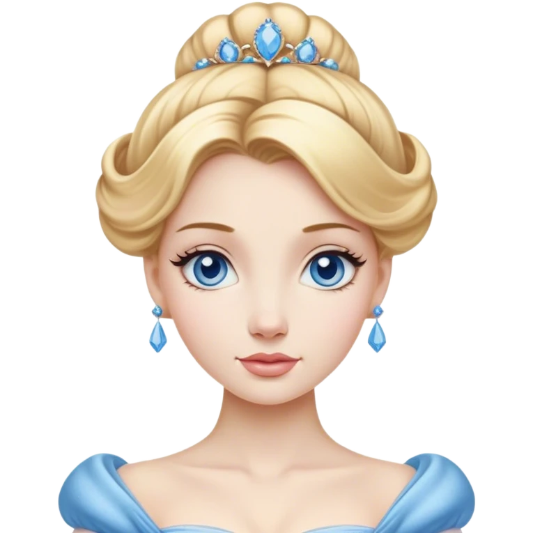 Cinematic Realistic Noble Cinderella Portrait, depicted with porcelain skin rendered in lifelike detail and soft, natural lighting that highlights every delicate nuance. Her intricately styled golden-blonde hair is arranged in an elegant updo, and her deep, expressive blue eyes radiate quiet determination. She wears her classic ball gown with rich fabric textures and delicate folds catching the light beautifully, all set against a subtly glowing, natural background that captures the essence of timeless royal grace. emoji