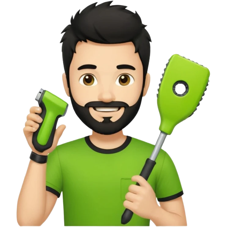 young fair-skinned man with messy black hair and beard, smiling, black t-shirt, holding a palm-sized lime green trimmer in one hand emoji