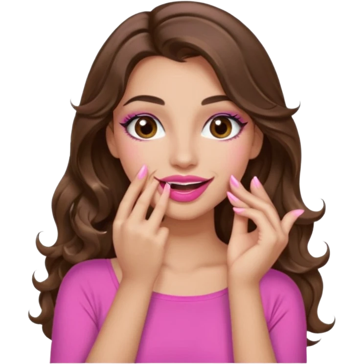 girl with long wavy brown hair, brown eyes, long lashes makeup, sexy pink lips, light to medium complexion, pink sexy top, smiling, hand covering mouth emoji