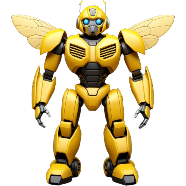 Clean 3D printable robotic bumblebee character, Bumblebee Transformers inspired design emoji
