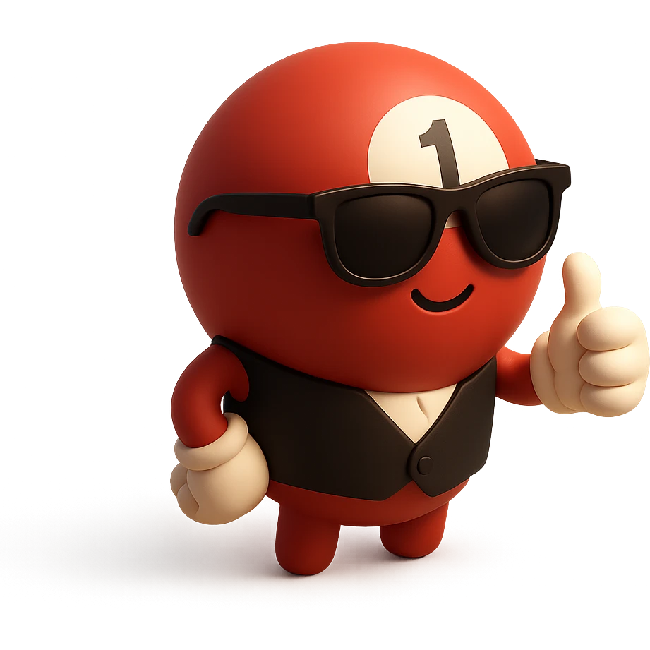 3D red snooker ball character, animated, with white gloves giving a thumbs up, wearing sunglasses and a black waistcoat emoji